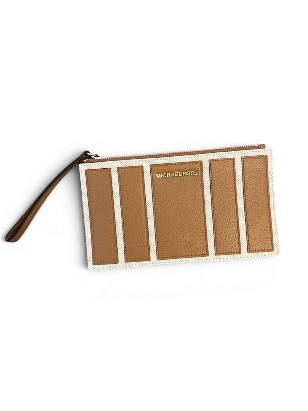 Michael Kors Tan and Cream Zip Wristlet with Gold Logo